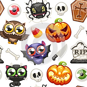 Halloween Seamless Pattern with Cartoon Characters