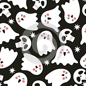 Halloween seamless pattern with cartoon ghost, skull, decoration elements. Colorful vector flat style. holiday theme. hand drawing