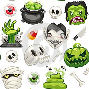 Halloween Seamless Pattern with Cartoon Monsters