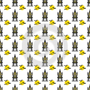 Halloween seamless pattern. Castle, moon and bat.