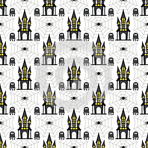 Halloween seamless pattern. Castle, web and ghost.
