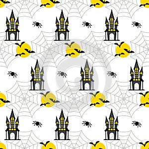Halloween seamless pattern. Castle, web and moon.