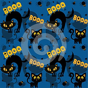 Halloween seamless pattern with cat and spider - vector