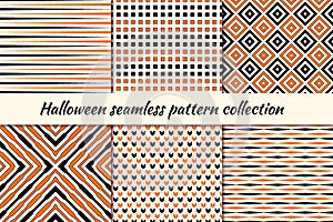 Halloween seamless pattern collection. Holiday backgrounds set. Print kit in traditional colors. Vector digital paper