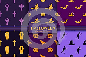 Halloween seamless pattern collection with witch, pumpkin, cross, bat, zombie, raven silhouettes