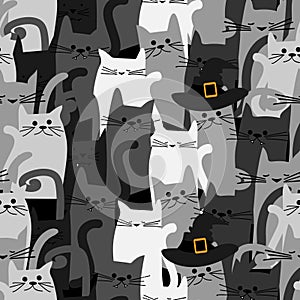 Halloween seamless pattern with cute cats with witches hat