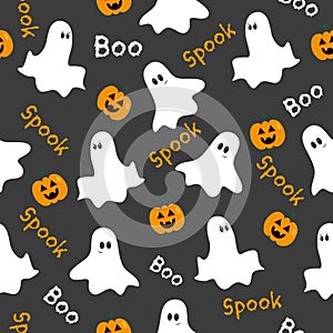Halloween seamless pattern.  Cute ghosts and pumpkins on gray backround