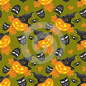 Halloween seamless pattern with cute Halloween pumpkin with witches hat , spider and owl on green background.