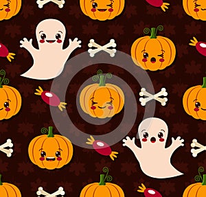Halloween seamless pattern with cute kawaii