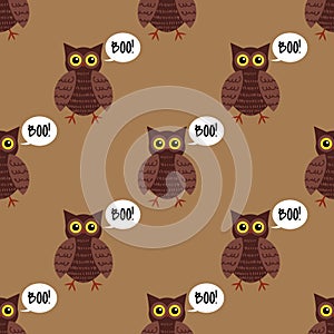 Halloween seamless pattern with cute owls and Boo! text