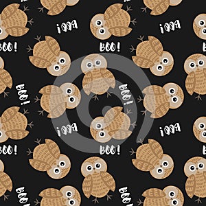 Halloween seamless pattern with cute owls  and Boo! text