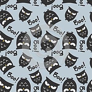 Halloween seamless pattern with cute owls  and Boo! text