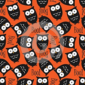 Halloween seamless pattern with cute owls and Boo! text