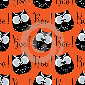Halloween seamless pattern with cute owls and Boo! text.