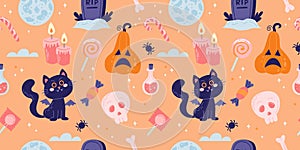 Halloween seamless pattern with cute pumpkins and black cats. Vector illustration in flat style