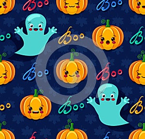 Halloween seamless pattern with cute pumpkins and spooks