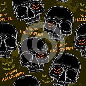 Halloween seamless pattern with dotted skulls in black and blots