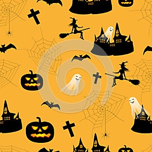 Halloween seamless pattern. Endless background with pumpkins, haunted house, ghosts, bats, witch, spiders and spider web. Vector