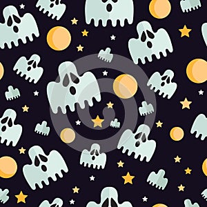 Halloween seamless pattern with flat icons on a black background.