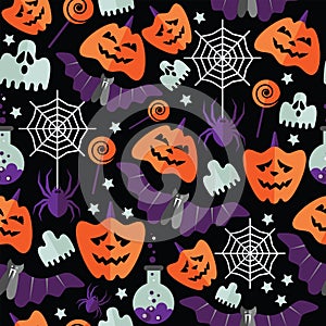 Halloween seamless pattern with flat icons on a black background. Vector illustration.