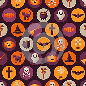 Halloween Seamless Pattern Flat Icons in Circles