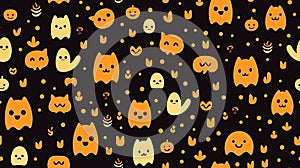 halloween seamless pattern with ghosts and cats on a black background