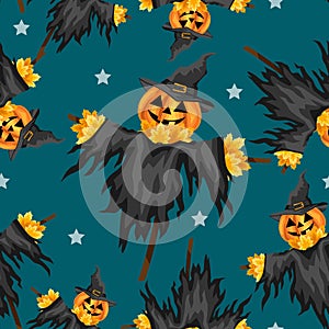 Halloween seamless pattern with A Halloween Scarecrows with a Jack O Lantern head