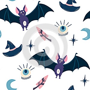 Halloween seamless pattern. Hand draw Bat, hat, moon and eye. Magic Elements. For printing, for fabric, for wrapping. Vector