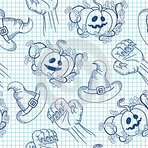 Halloween seamless pattern, hand drawn monochrome blue seamless background with pumpkin, wizard hat, zombie hands in notebook