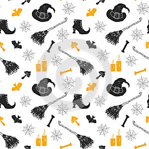 Halloween seamless pattern. Hand drawn sketched background, party invitation or holiday banner design vector illustration