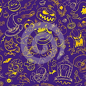 Halloween seamless pattern, hand drawn vector line graphic illustration with classic halloween elements