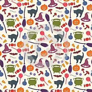 Halloween seamless pattern. Holiday related objects. Witches accessory set. Trick or treat wallpaper. Kids background