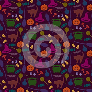 Halloween seamless pattern. Holiday related objects. Witches accessory set. Trick or treat wallpaper. Kids background