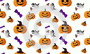 Halloween seamless pattern horizontal. Lots of scary pumpkins, purple candies and ghosts. Trick or Treat.