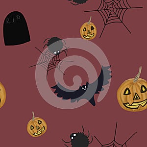 Halloween seamless pattern with jack-o-lanterns, bats, spider and cobweb, gravestone on red background. Print, packaging, wallpape