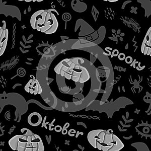 Halloween Seamless Pattern of Mystical Elements on Black. Colorful Cartoon illustration Digital Paper. Spooky Holiday Texture