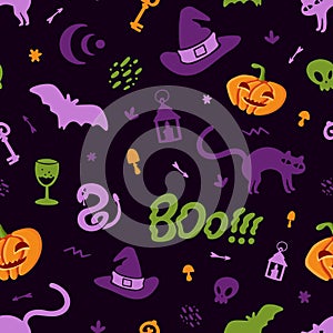 Halloween Seamless Pattern of Mystical Elements on Black. Colorful Cartoon illustration Digital Paper. Spooky Holiday Texture