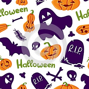 Halloween Seamless Pattern of Mystical Elements on White. Colorful Cartoon illustration Digital Paper. Spooky Holiday Texture