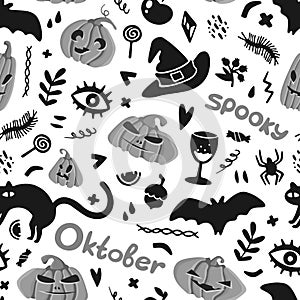 Halloween Seamless Pattern of Mystical Elements on White. Colorful Cartoon illustration Digital Paper. Spooky Holiday Texture