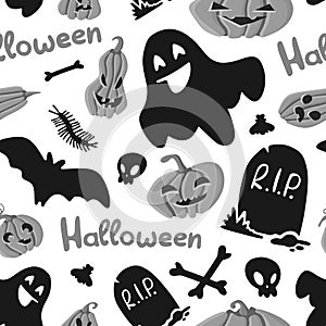 Halloween Seamless Pattern of Mystical Elements on White. Grey Cartoon illustration Digital Paper. Spooky Holiday Texture Perfect