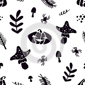 Halloween Seamless Pattern of Mystical Natural Elements on White Cartoon illustration Digital Paper. Spooky Holiday Texture