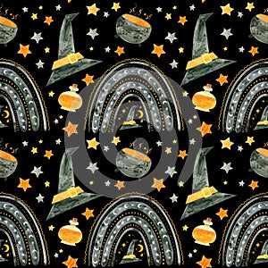 Halloween seamless pattern with orange rainbows and witch cauldrons, potions and hats