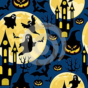 Halloween seamless pattern for party with bats,ghosts,castles and pumpkins