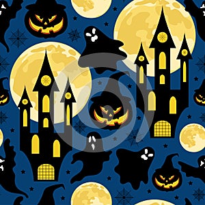 Halloween seamless pattern for party with castles,pumpkins,moons,ghosts and stars photo