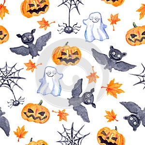 Halloween seamless pattern - pumpkin, bat, ghost, spider. Cute watercolor