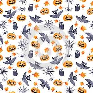 Halloween seamless pattern - pumpkin, bat, owl. Cute naive watercolor