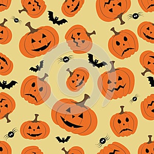Halloween seamless pattern with pumpkin, bat and spider