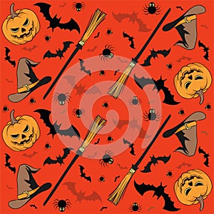 Halloween seamless pattern with pumpkin, candles, skulls, broom, bat and witch Hat - vector