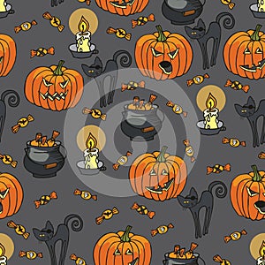 Halloween seamless pattern.Pumpkin,cat,candle,