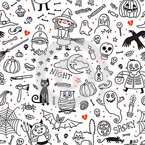 Halloween seamless pattern. Pumpkin, Ghosts, Cats